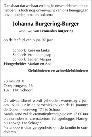 Rouwbericht Johanna Burger